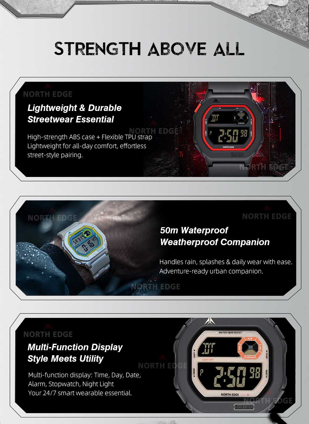 NORTH EDGE Tactical X1 Shock Resistant Sport Watch Jet Black/Beige image 2