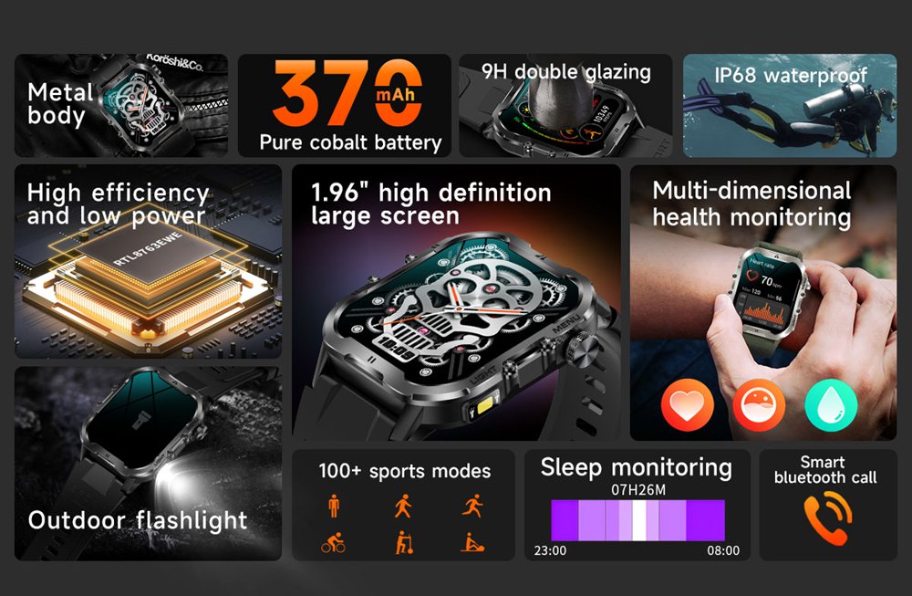 NORTH EDGE T-Series Marine Smart Watch with Flashlight Black image 7