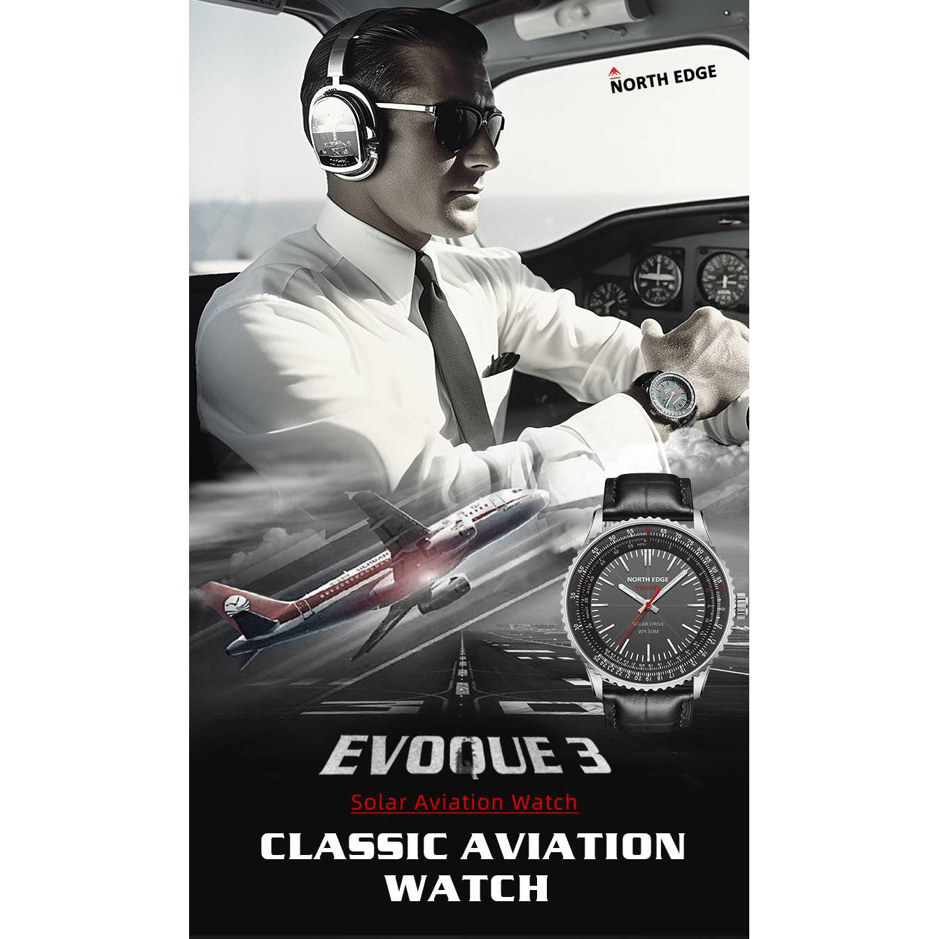NORTH EDGE Tactical Evoque 3 Classic Aviation Solar Drive Leather Watch image 6