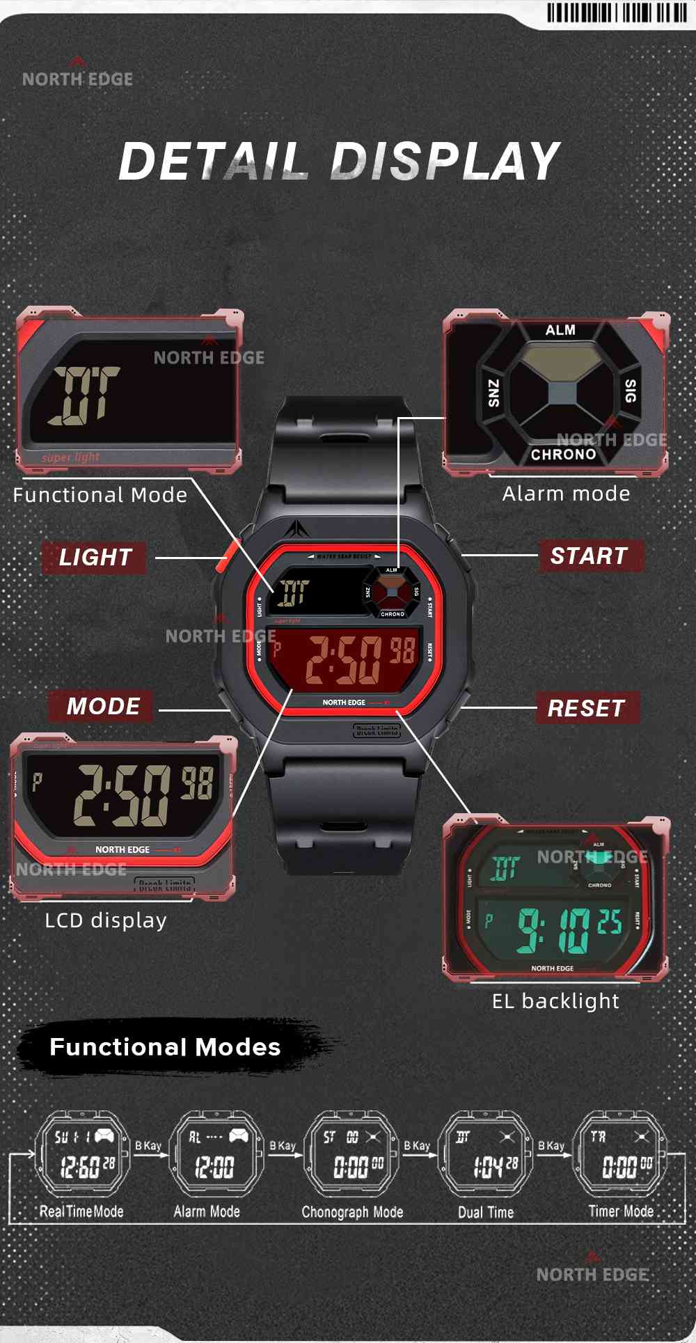 NORTH EDGE Tactical X1 Shock Resistant Sport Watch Jet Black/Red image 3