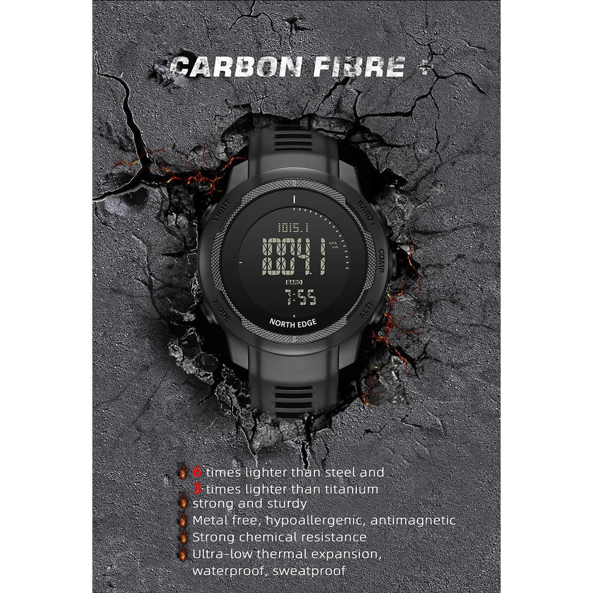 NORTH EDGE Tactical Vertico Carbon Fibre Watch Grey/White Dial image 11
