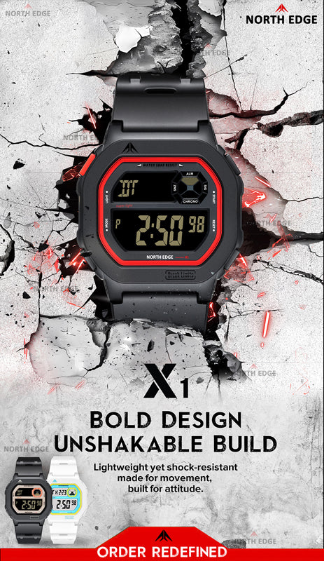 NORTH EDGE Tactical X1 Shock Resistant Sport Watch Jet Black/Red image 5